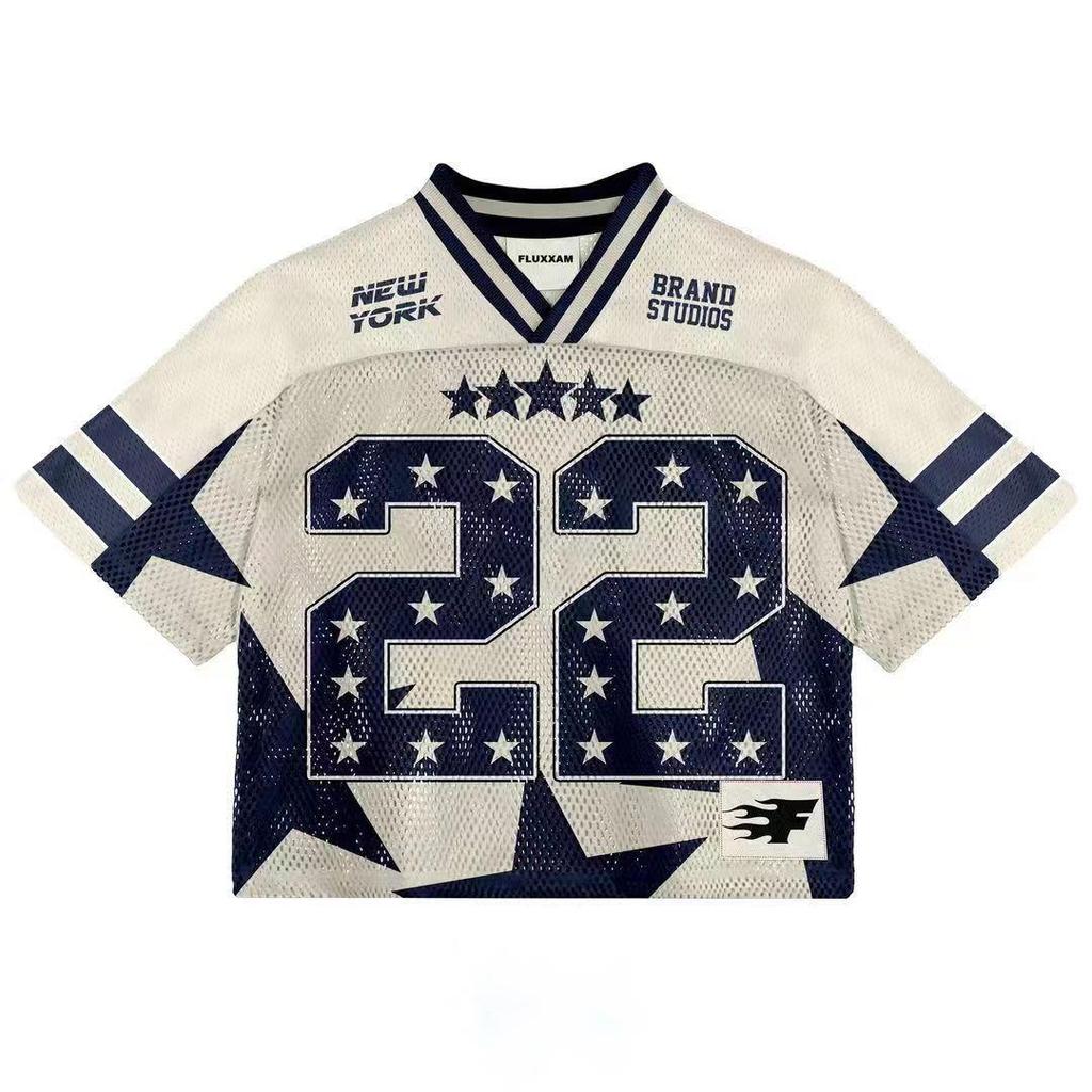 Maglietta americana Y2K, stile Harajuku, hip hop, moda, maglia da football, streetwear, vintage, casual, traspirante, con giunture, ampia, manica corta