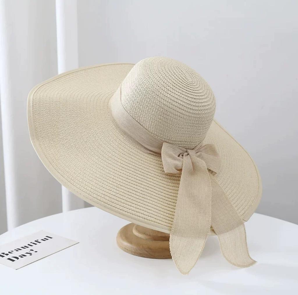 Korean Version of Straw Sun Hat, Foldable Women's Summer Bow Sun Hat, Vacation Big Along the Beach Straw Hat Big Brim