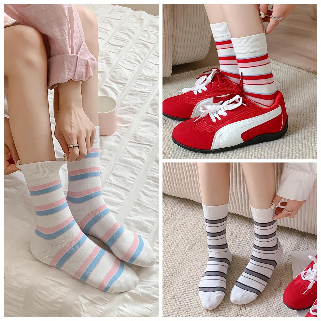 25 New Autumn/Winter Japanese Anti-Pilling Striped Cotton Mid-Calf Socks - Trendy College Style Colorblock for Women.