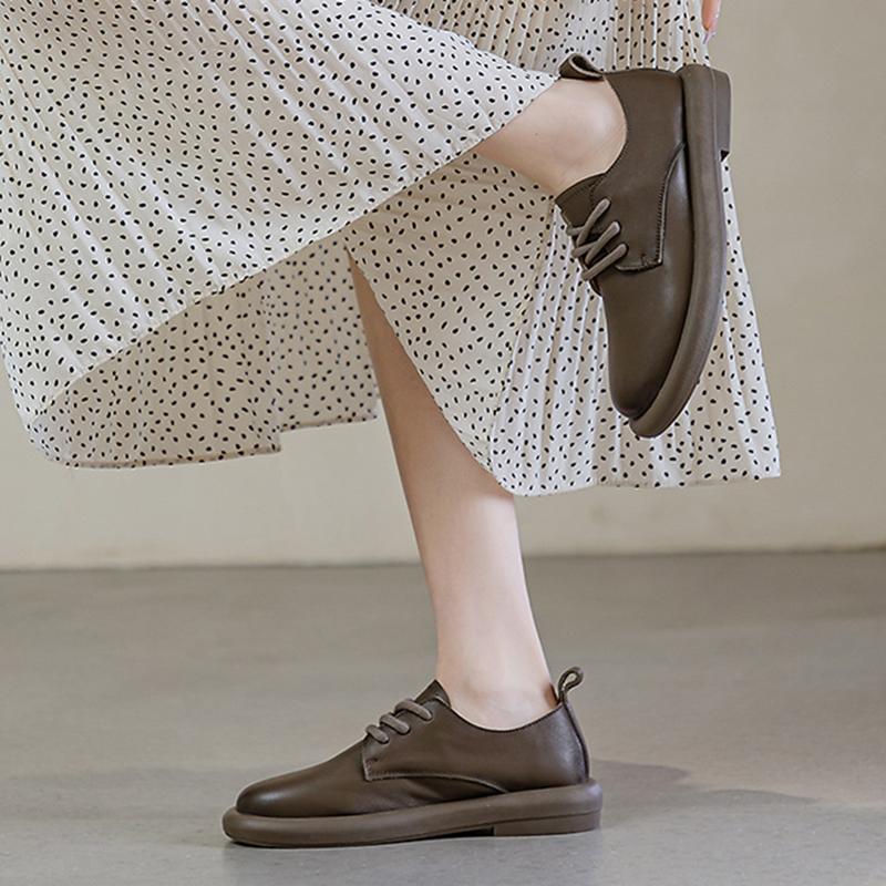 Spring New Style Cowhide Casual Shoes For Women Rubber Soft Sole Lace-up Leather Shoes Genuine Leather Retro Flat Shoes 35-40