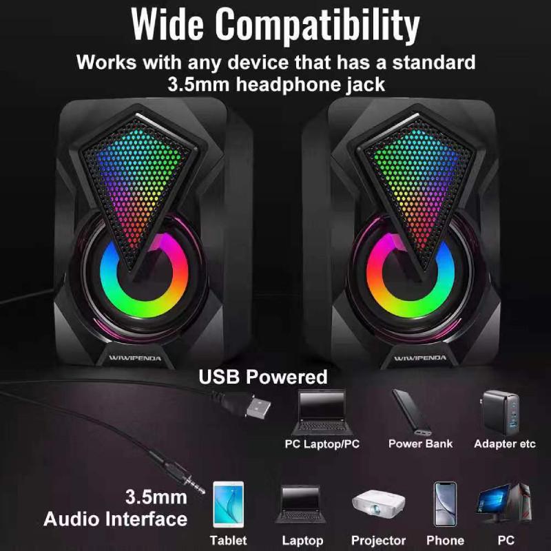 X2 Speakers Computer Led Light Subwoofer For Pc Computer Theater Usb Soundbox