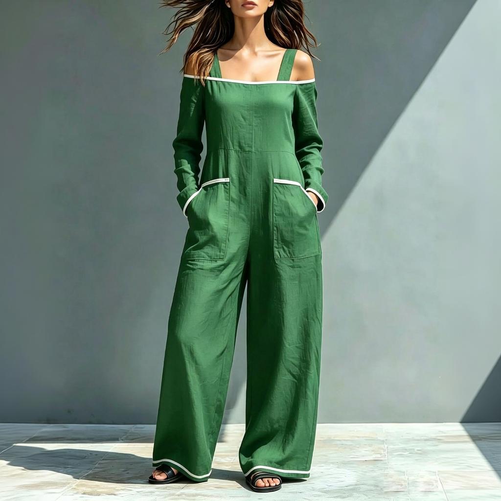 Women's One-Shoulder Color-Block Suspender Jumpsuit with Pockets, Loose Fit Wide Leg Floor-Length