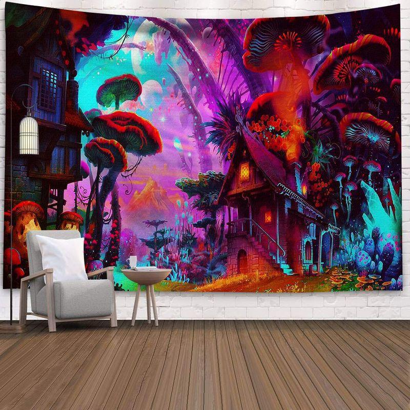 Mushroom Forest Tapestry, Peach Skin Velvet Background Fabric, Polyester Digital Printing Wall Carpet, Room Decoration Hanging Fabric