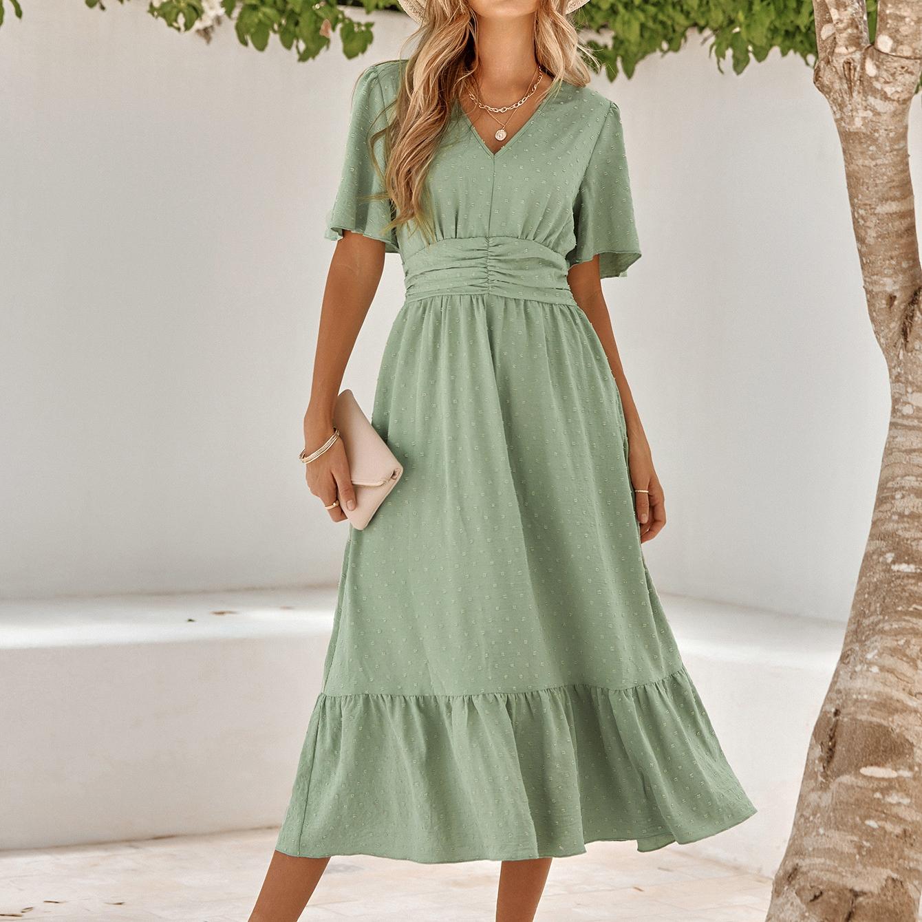 

GMXIA женские модные летние весенние однотонные повседневные платья с короткими рукавами и v-образным вырезом и высокой талией XL светло-зеленый