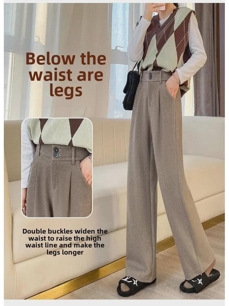High-Waisted Woolen Wide-Leg Pants for Women: Velvet-Lined, Pleated, Slimming, Apricot Color, Perfect for Autumn & Winter