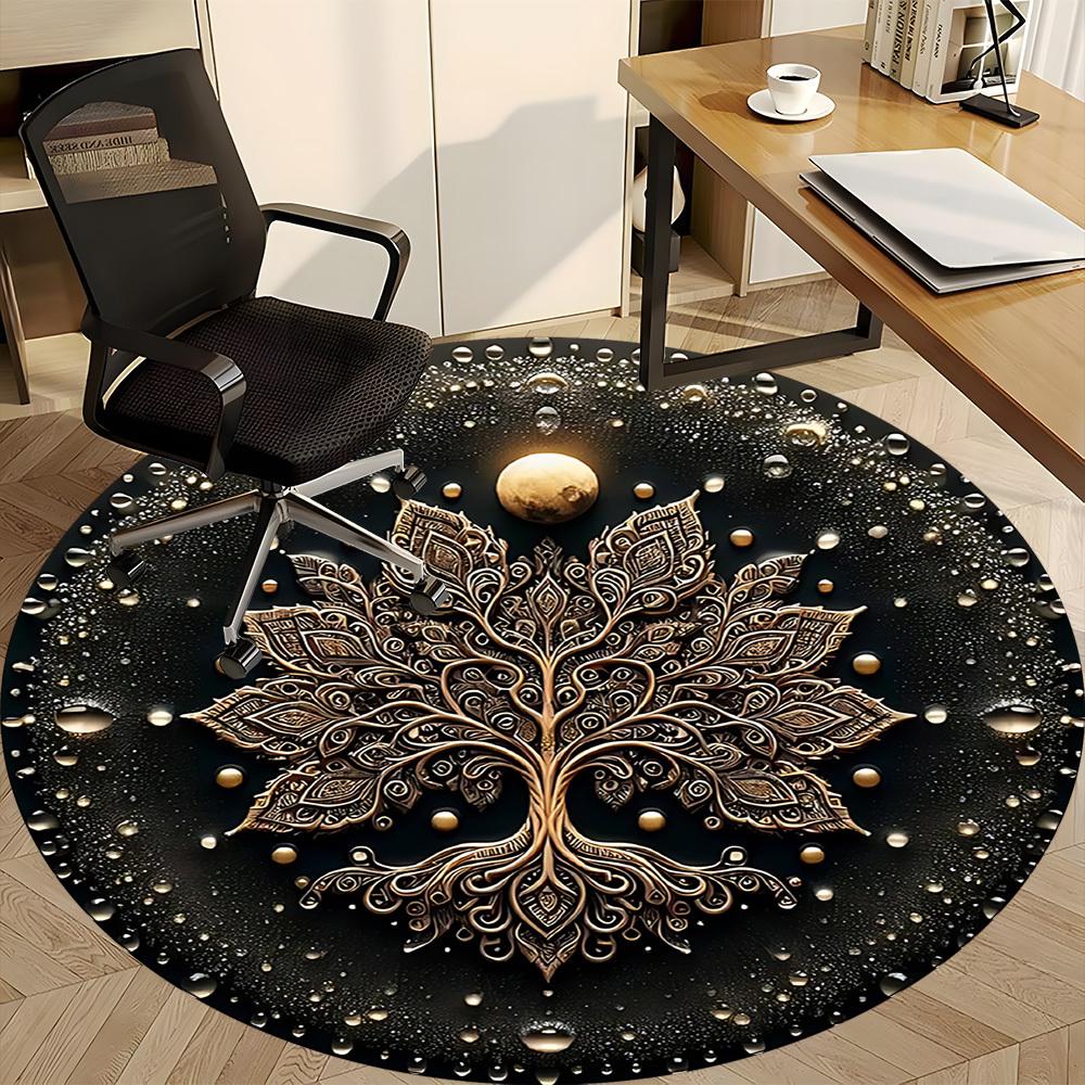 1pc Golden Mandala Life Tree Office Round Area Rug, Mat Suitable For Office, Under Office Chairs Bedroom Living Room Home Decor, Room Deco