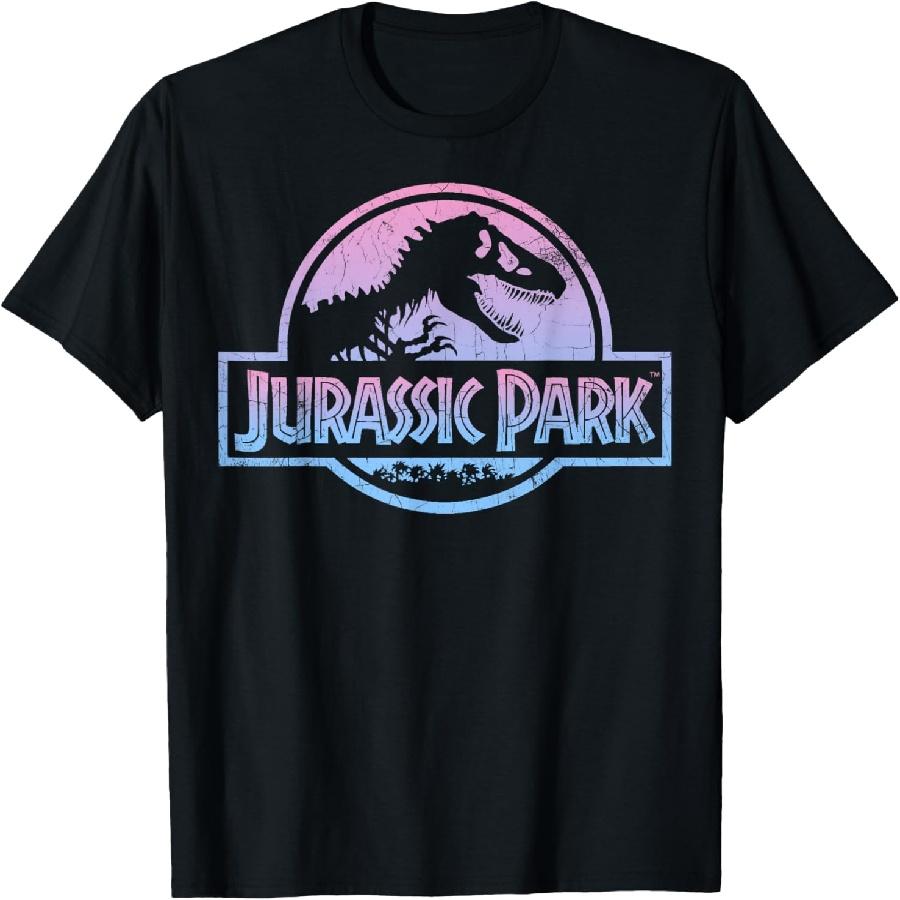 Jurassic Park Pink Blue Gradient Distressed Logo T-Shirt T-Shirt S