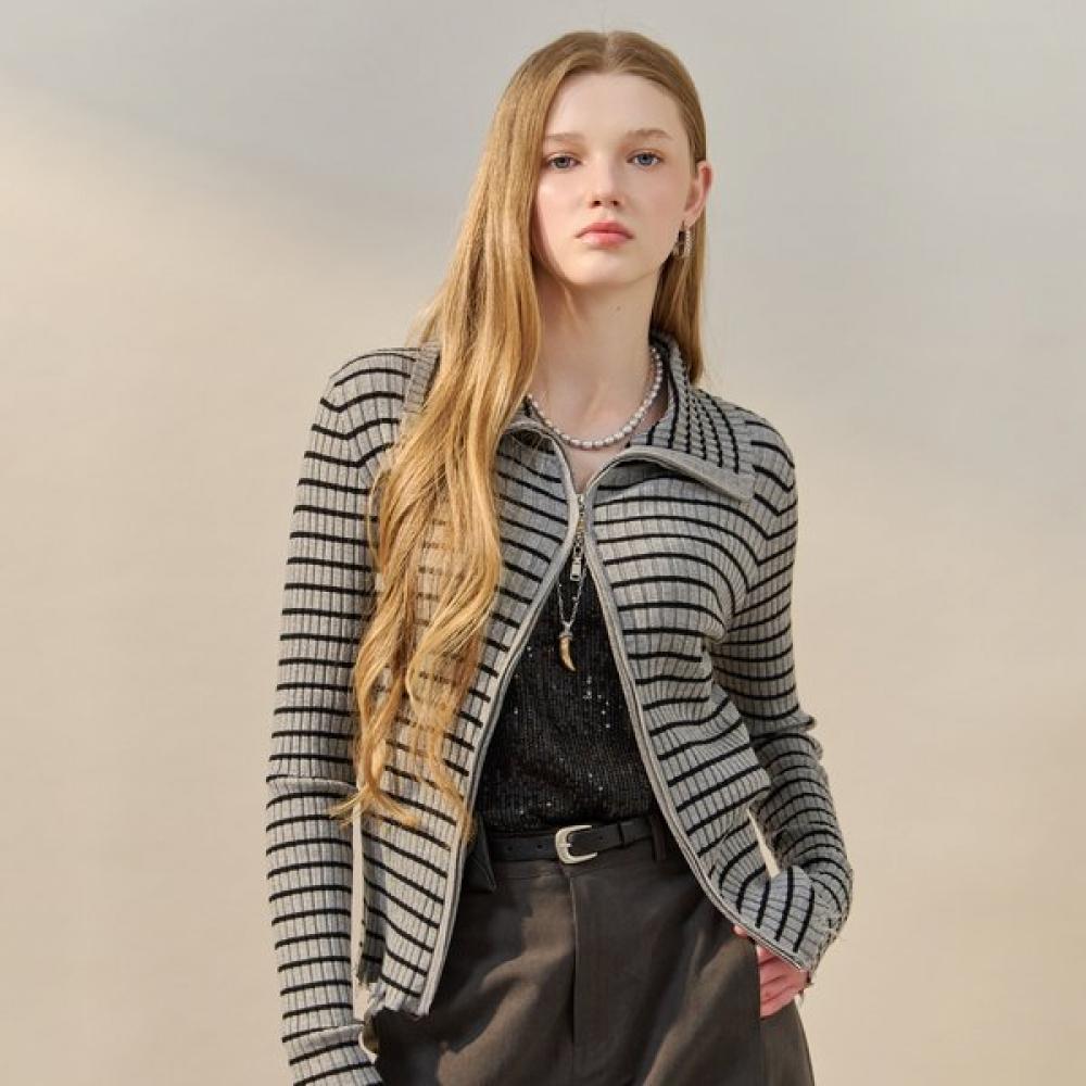 Maxza Vintage Damage Stripe High Neck Knit Zip Up Zf04qd002na
