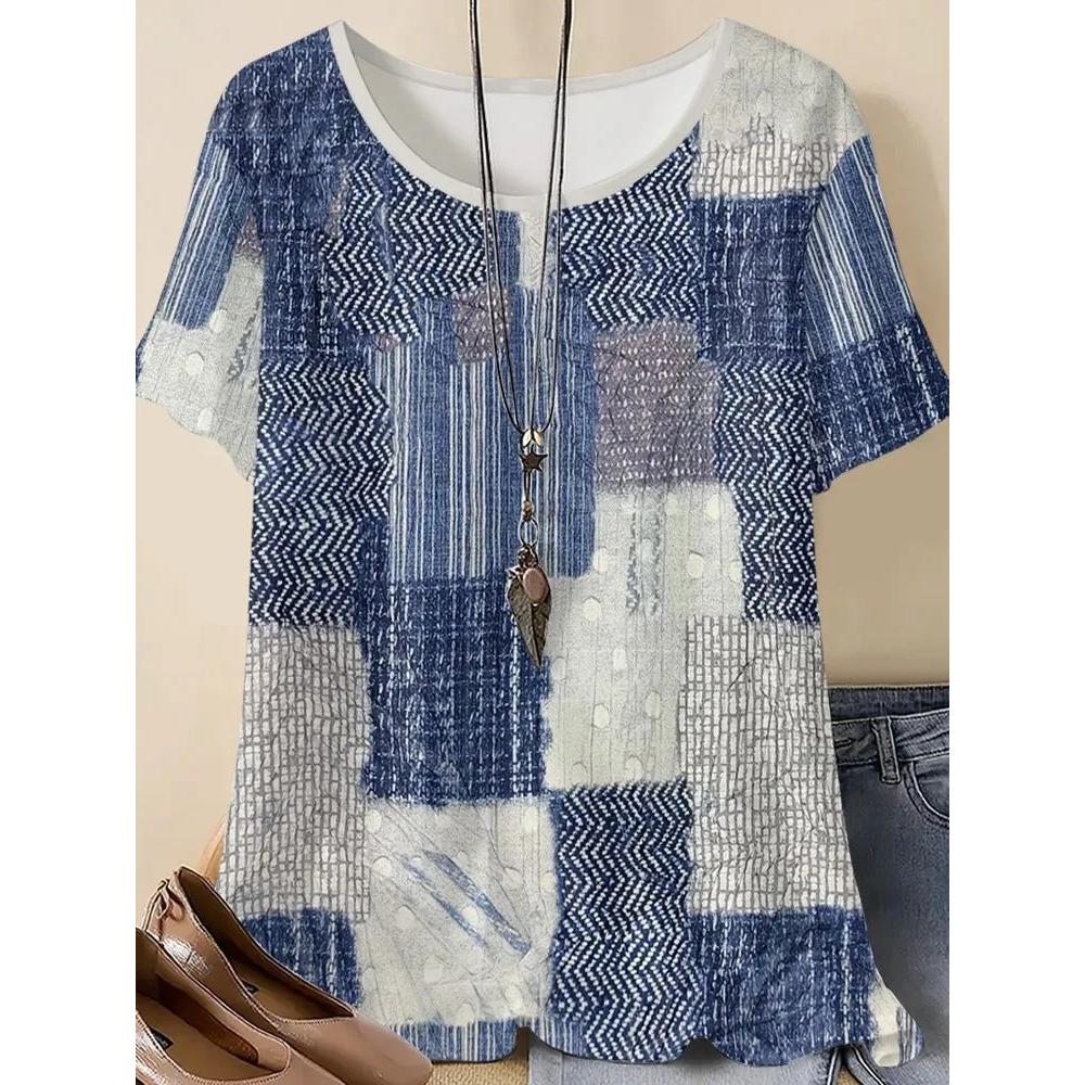 Creative Splice 3D Printed Short Sleeved T-shirt Fashionable Comfortable Soft Breathable Large Loose Womens T-shirt