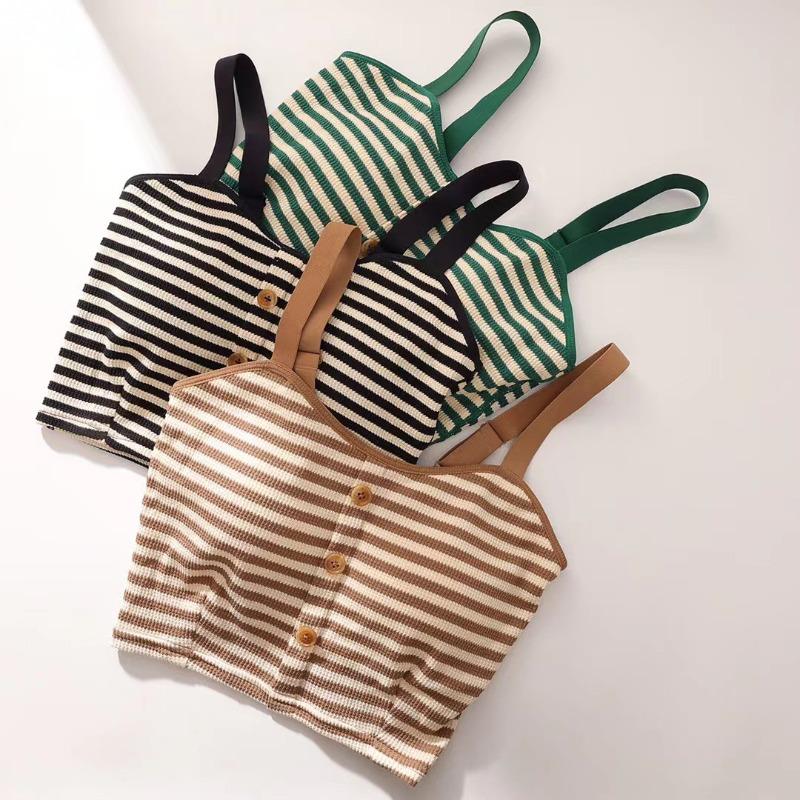 Fixed cup striped female slim slim inner top knitted one-piece with chest pad sling vest