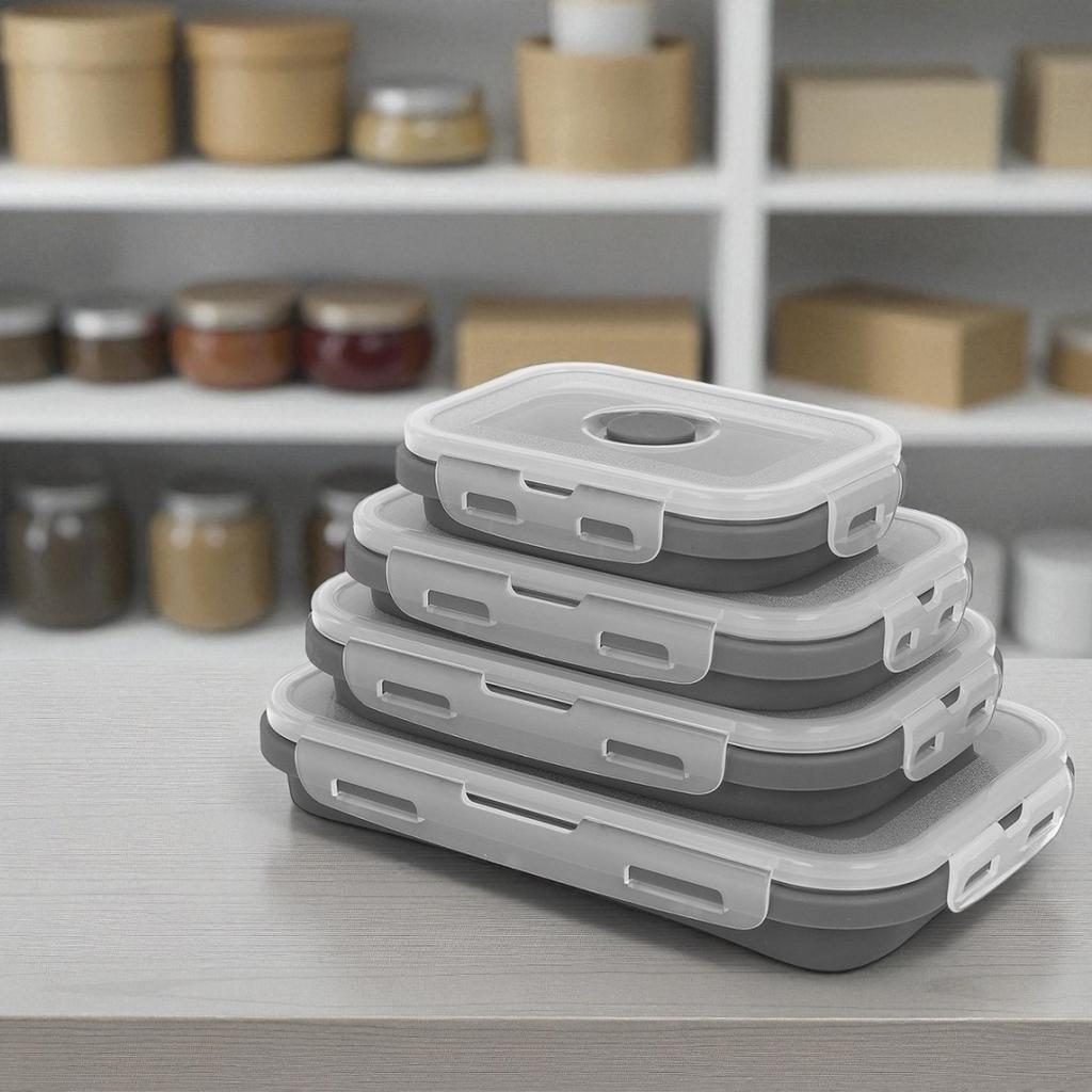 Zestaw 4 Silikonowych Składanych Pojemników Na Żywność Pokrywami 3345