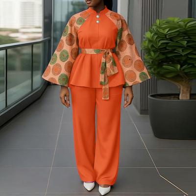 Oversized Two Piece Suit Women Long Sleeve Print Belt Blouse and Pants Casual Sets
