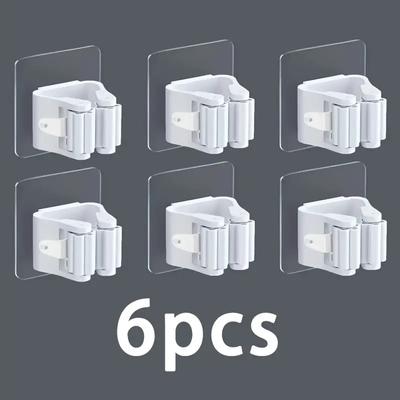 6PCS - Strong Traceless Pulley Mop Clamp, No Punching Hanging Broom Rack, Bathroom Mop Hook, Adhesive Hook Hanging Rack