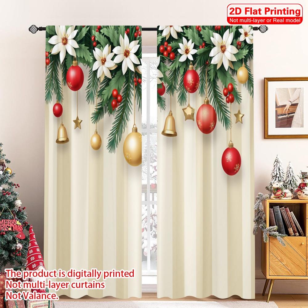 

Set Of 2 Flat Printing Merry Christmas Curtain Ornaments Poinsettia Garland Polyester Without Electricity Festive W100*H70(CM)-Hooks&1PCS