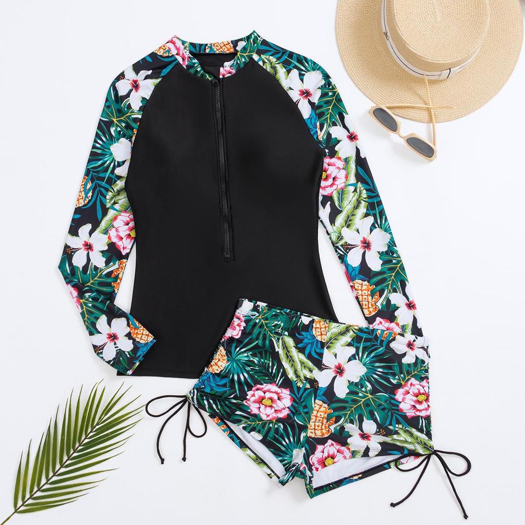 European & American Zippered Two-Piece Long Sleeve Split Swimsuit