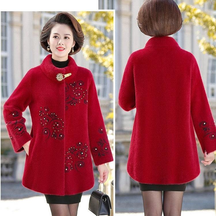 Dicker und stylischer pelzähnlicher Kaschmirmantel für Mütter mittleren Alters