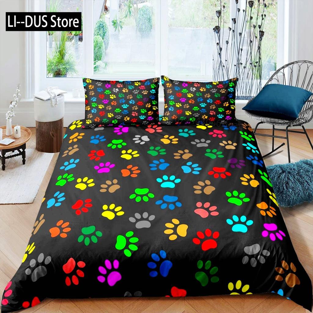 Footprint Duvet Cover Set Kids Watercolor Bedding Set Animal Footprints Colorful Puppy Paws Multicolor Graffiti Art Quilt Cover