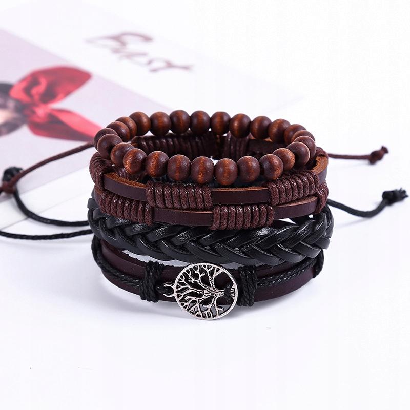 Herren Lederarmband, Öko-Leder Set, Set aus 4 Stück, Lebensbaum, Vintage