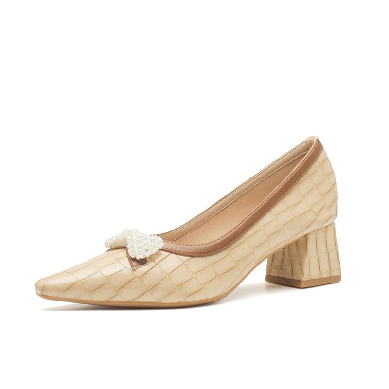Stone pattern thick heel light mouth single shoes bow versatile women's shoes summer small square head not tired feet high heels