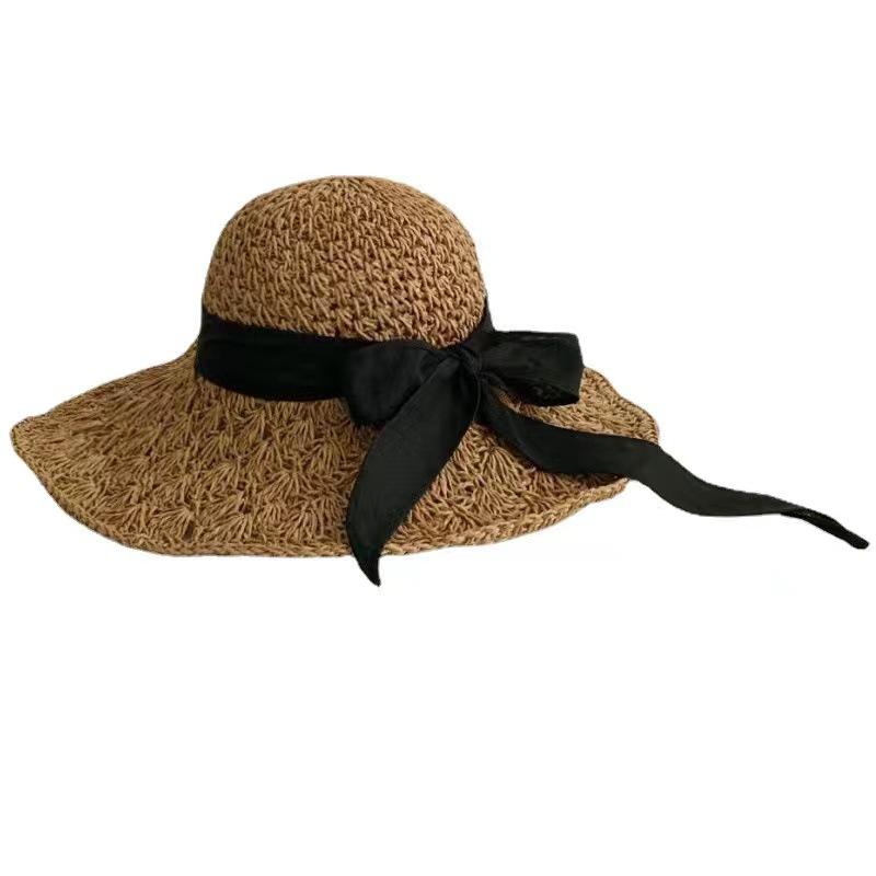 New Japanese Straw Hat Women's Summer Lace-up Large Brim Beach Hat Foldable Vacation Cool Hat Sun Protection Visor Hat