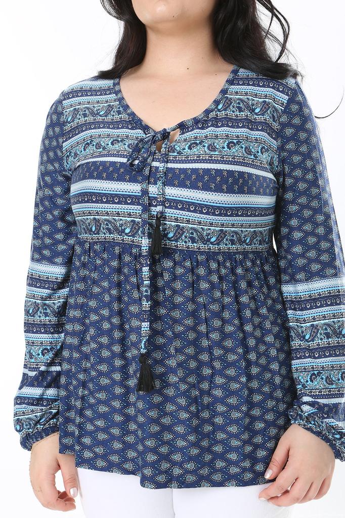 Damen Übergröße Bluse Plus Size Blau Kusskragen Taille Elastisch Detaillierte Bluse
