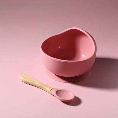 Children Lunch Silicone Tableware Baby Bowl Spoon Wooden Handle Silicone Spoon Cup Bowl Baby Silicone Bowl Lunch Feeding