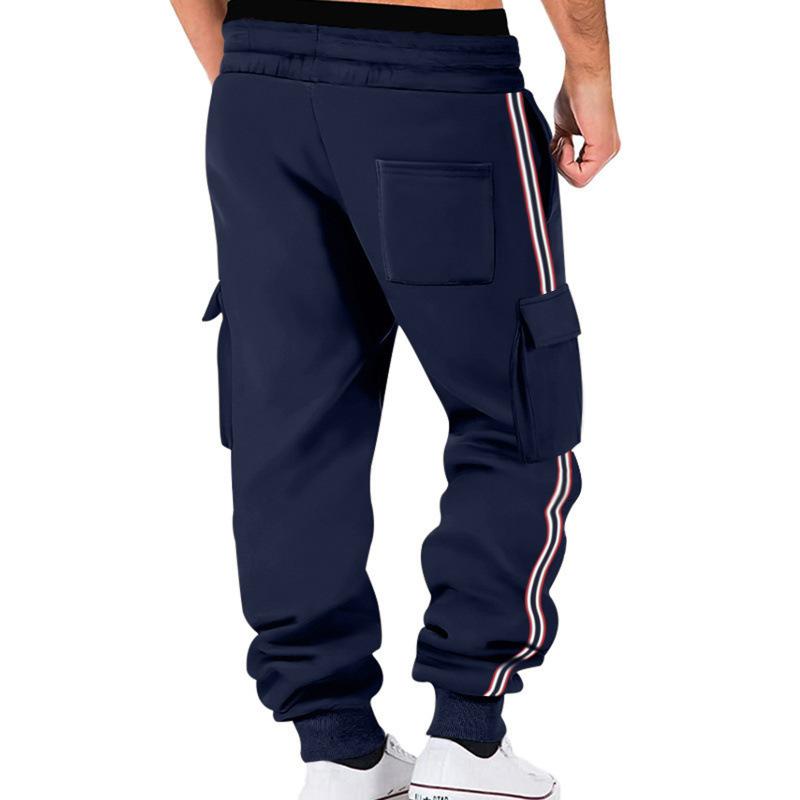 Men Cargo Jogger Sweatpants, Elastic Drawstring Waist Side Flap Cargo Pockets Stripe Seam Ribbed Ankle Cuffs Soft Fleece Casual Athletic Trousers