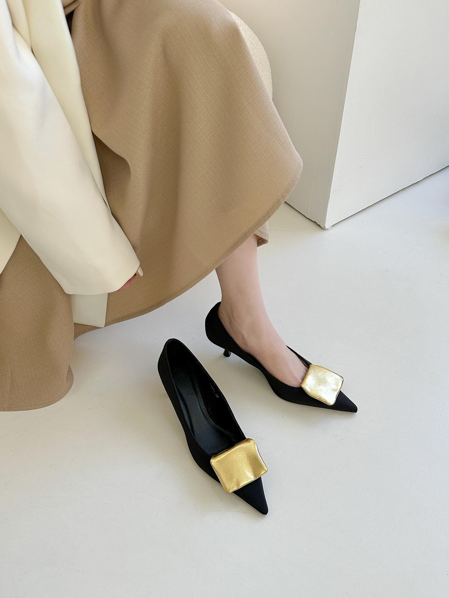 

Women Pointy High Heels Black Shallow Slip on Thick Heel Shoes 2025 Spring New Designer Party Dress Pumps Single Shoes 35