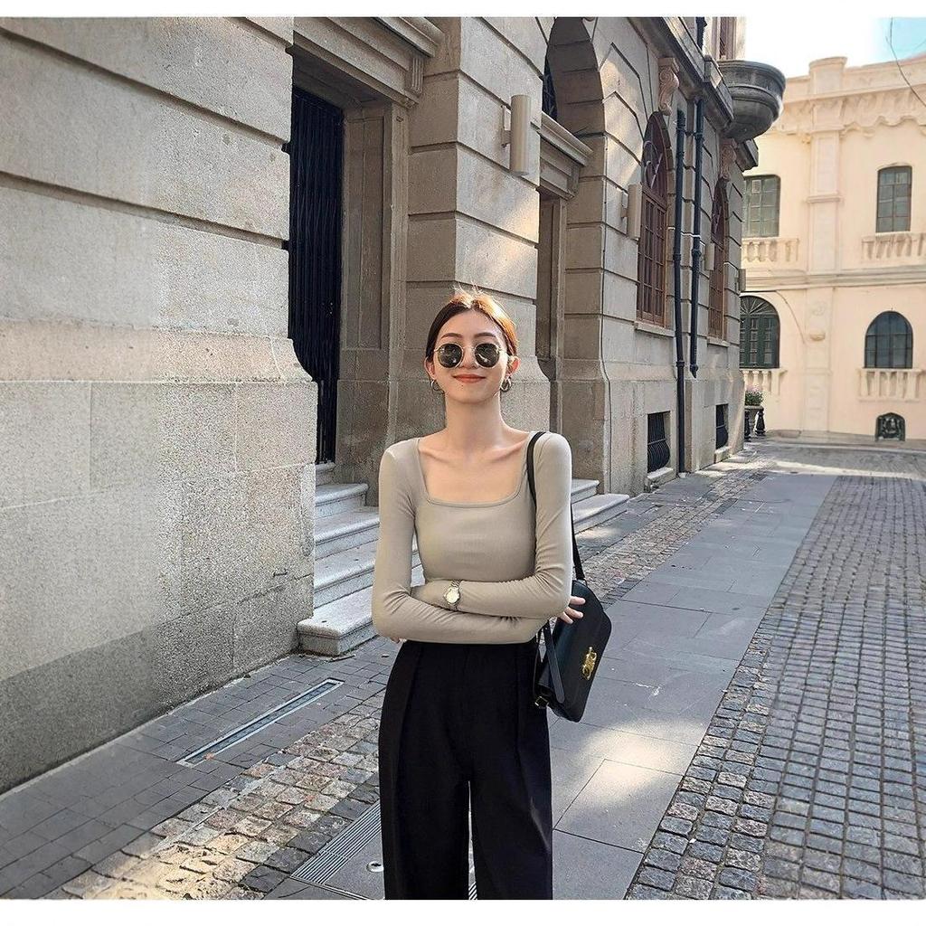Women's Cotton Long Sleeve Square Neck Top - Slimming, Stylish, Age-Reducing Autumn/Winter Base Layer 2025