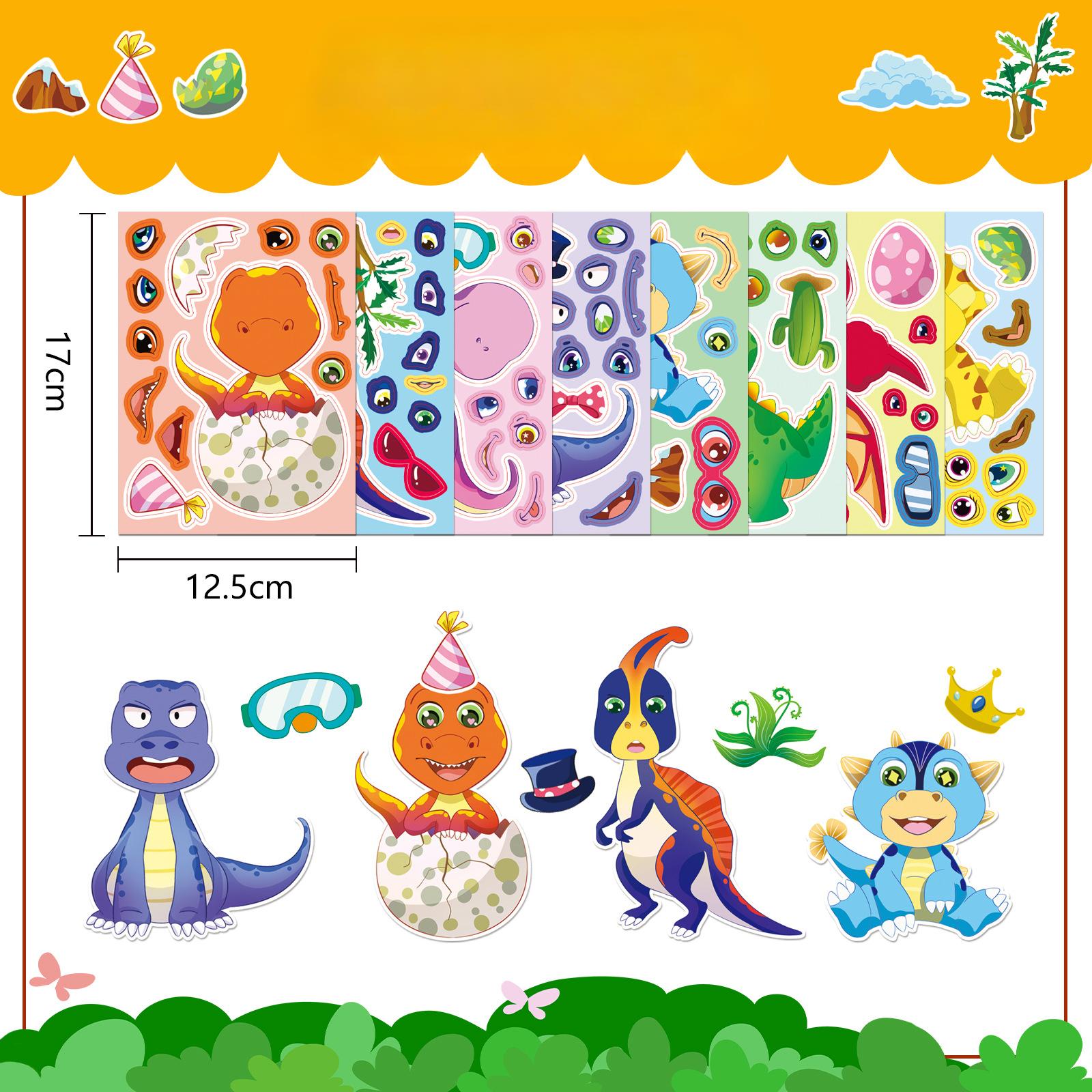 

8 картинок/набор Наклейки-граффити с мордочками маленьких динозавриков для обмена лицами, Мультяшные милые наклейки-головоломки для гримасничания, DIY-наклейки-головоломки