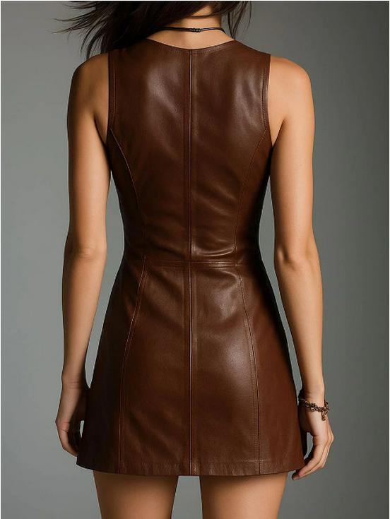 2025 Women's V-Neck Sleeveless Leather Biker Dress - Europe & America Fashion