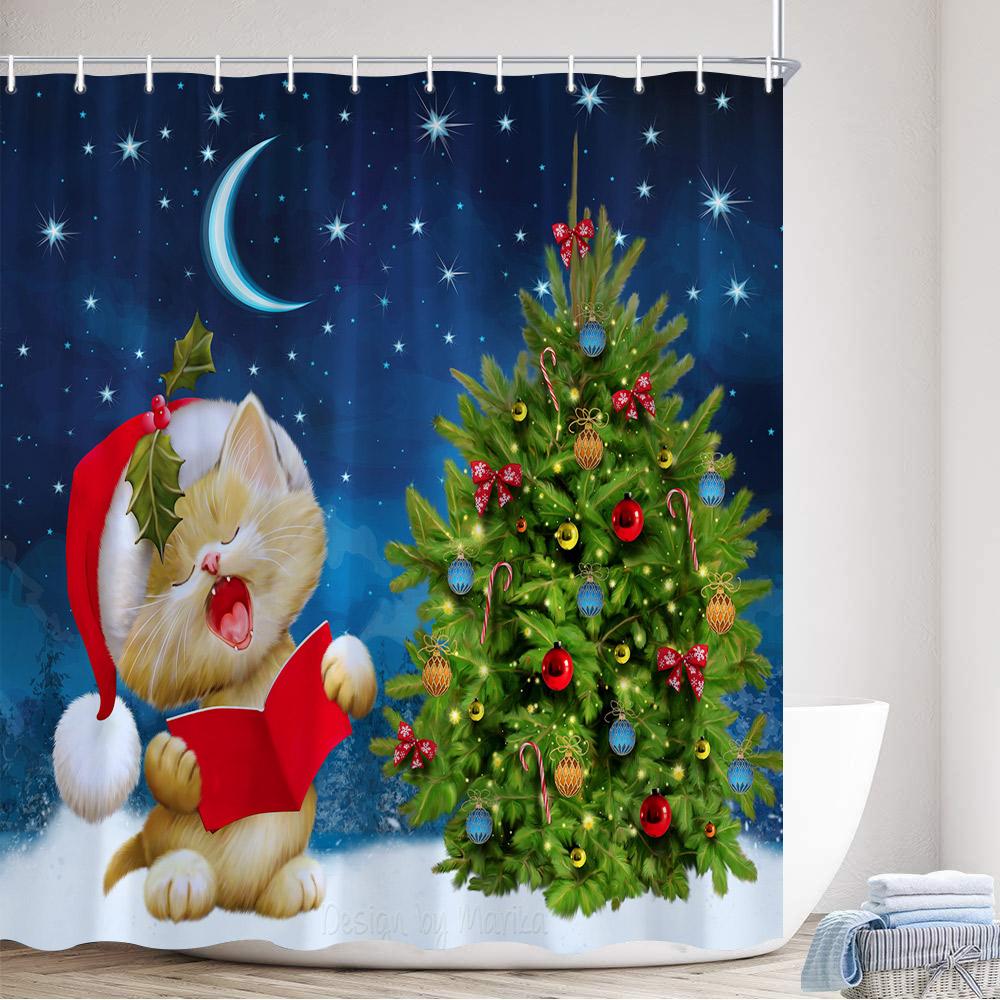 GAERed Santa Claus Christmas Shower Curtain White Snowflake Xmas Tree Gift New Year Home Bathroom Decor Bath Curtains With Hoo