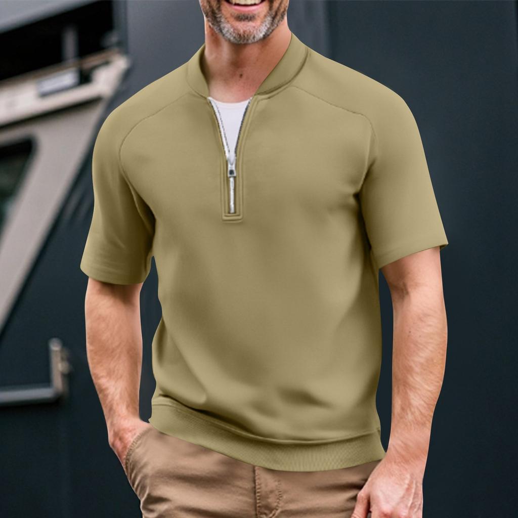 Men's Summer Solid Color Casual T-shirt Sports Breathable Zipper Collar Top