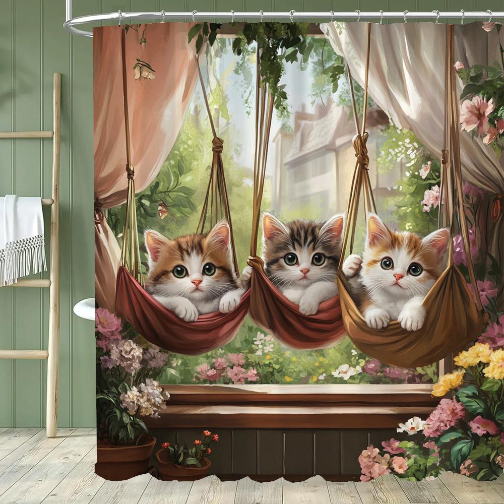 1 Piece Cute Cat in Hammock in the Garden Shower Curtain, Bathroom Curtain with Hooks,Printed Polyester Home Decorative Curtain