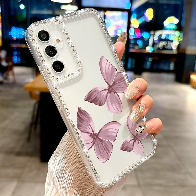 Butterfly Pattern Clear Phone Case For Samsung S25 Ultra S24 FE S23 S22 A56 A36 A16 A15 A55 A35 Diamond Frame Shockproof Soft Silicone Cover