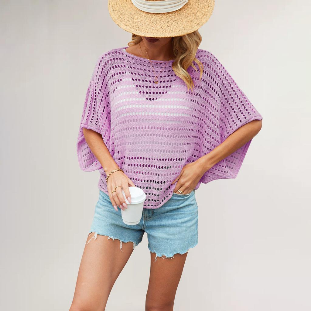 QICED O-Neck Solid Color Top Bat Sleeve Hollow Loose Large Size Sweater Women