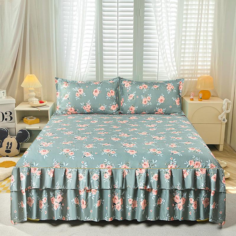 3pcs Modern Korean Floral Bed Skirt Set with Lotus Leaf Embellishments and Princess Floral Pattern, All-Season Brushed Light Beige-Friendly Bedding