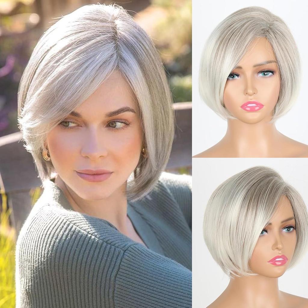 Short Silver Light Blond Synthetic Wigs Natural Straight Layered Wig with Bangs for Women Daily Cosplay Party Heat Resistant Fibre