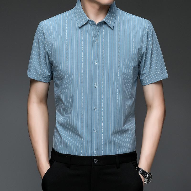 Summer Bamboo Fiber Short-sleeved Shirt Men's Business Casual Vertical Striped Ice Silk Half-sleeved Shirt Men's Clothing