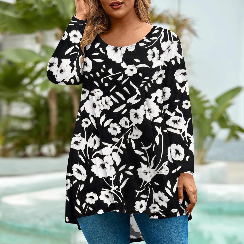 Women's Fashion Large Size Round Neck Long Sleeve Casual Print Loose Pullover Top