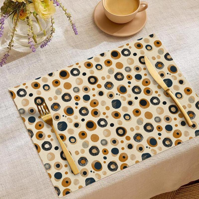 6PCS Set Luxury Table Mats Dining Table Elegant Leaf Fan Stripe Red Wave Polka Dot Pattern Placemats Golden Utensils Home Decor