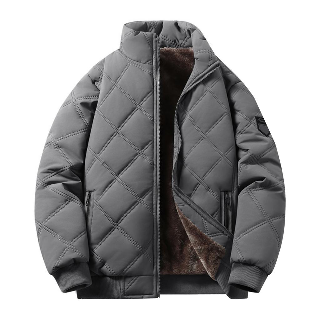 Men's Casual Solid-color Stand-up Collar With Fleece Rhombic Checkered Warm Zipper Cotton Jacket