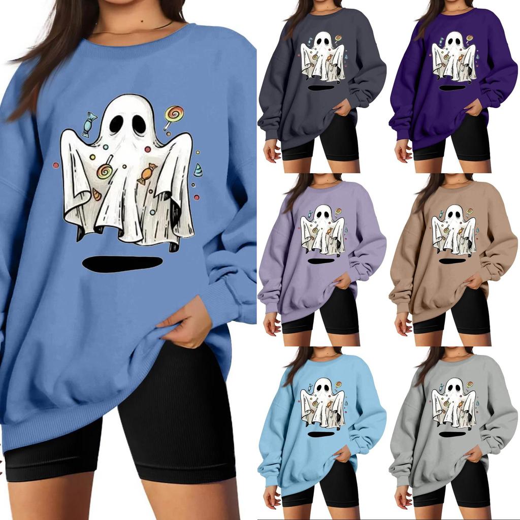 Women's Comfortable Round Neck Long Sleeve Sweatshirt Loose Fit Casual with Color and Halloween Print