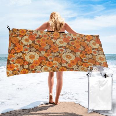 70s Retro Daisies Vintage Flower Power Orange and Brown Boho Beach Towel Microfiber Quick Dry Absorbent Quick Towels For Bath