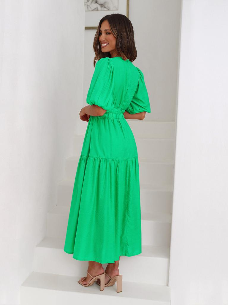 Summer Elegant Deep V Bubble Sleeve Maxi Dress With Pleated Fabric For Women