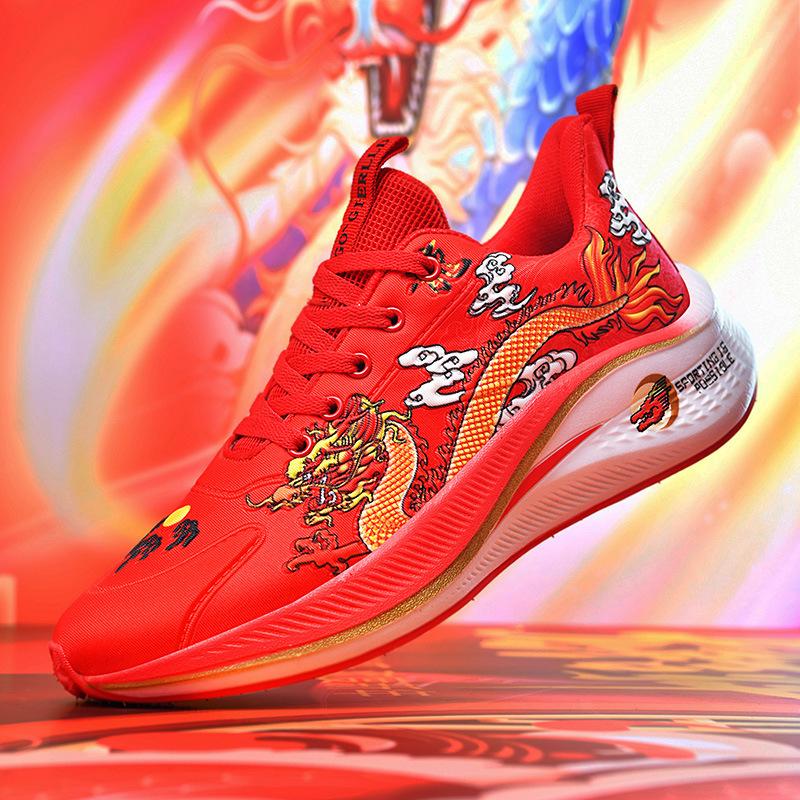 Year of the Dragon sports shoes spring new running shoes couple casual soft-soled shock-absorbing running shoes bright red 36
