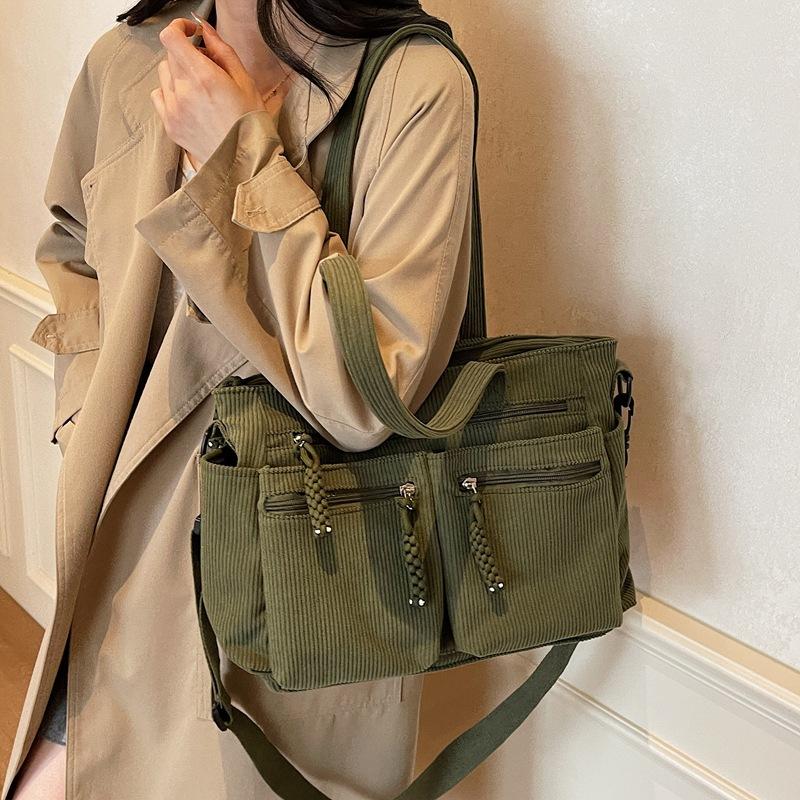 Corduroy Simple Poop Carrying Shoulder Bag for Women Adjustable Shoulder Strap Crossbody Bag Large Capacity Commuting Handbag