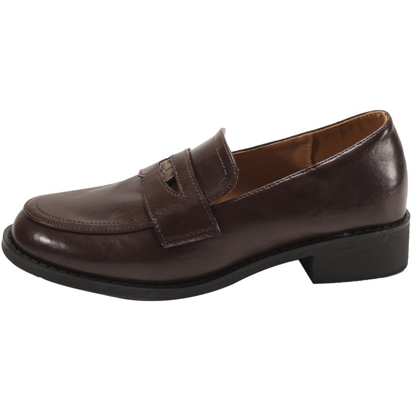 

Ретро коричневые мокасины женские весенние и осенние шапочки туфли черные туфли с одной педалью женские туфли на толстом каблуке британские маленькие кожаные туфли 35