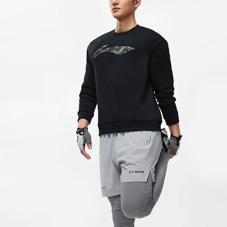 Li-Ning Fitness Series Solid Color Large Logo Round Neck Pullover Sweatshirt Men Sweatshirt Black AWDU103-1