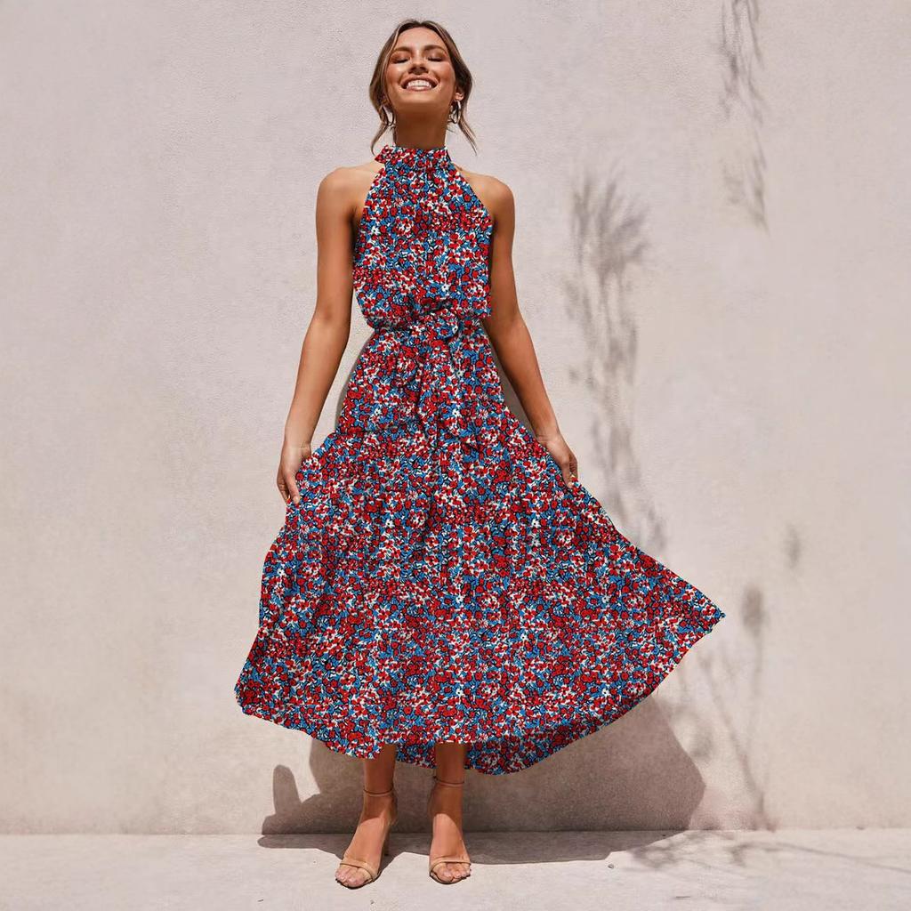 Women's long dress popular new neck polka dot printing lace-up dress